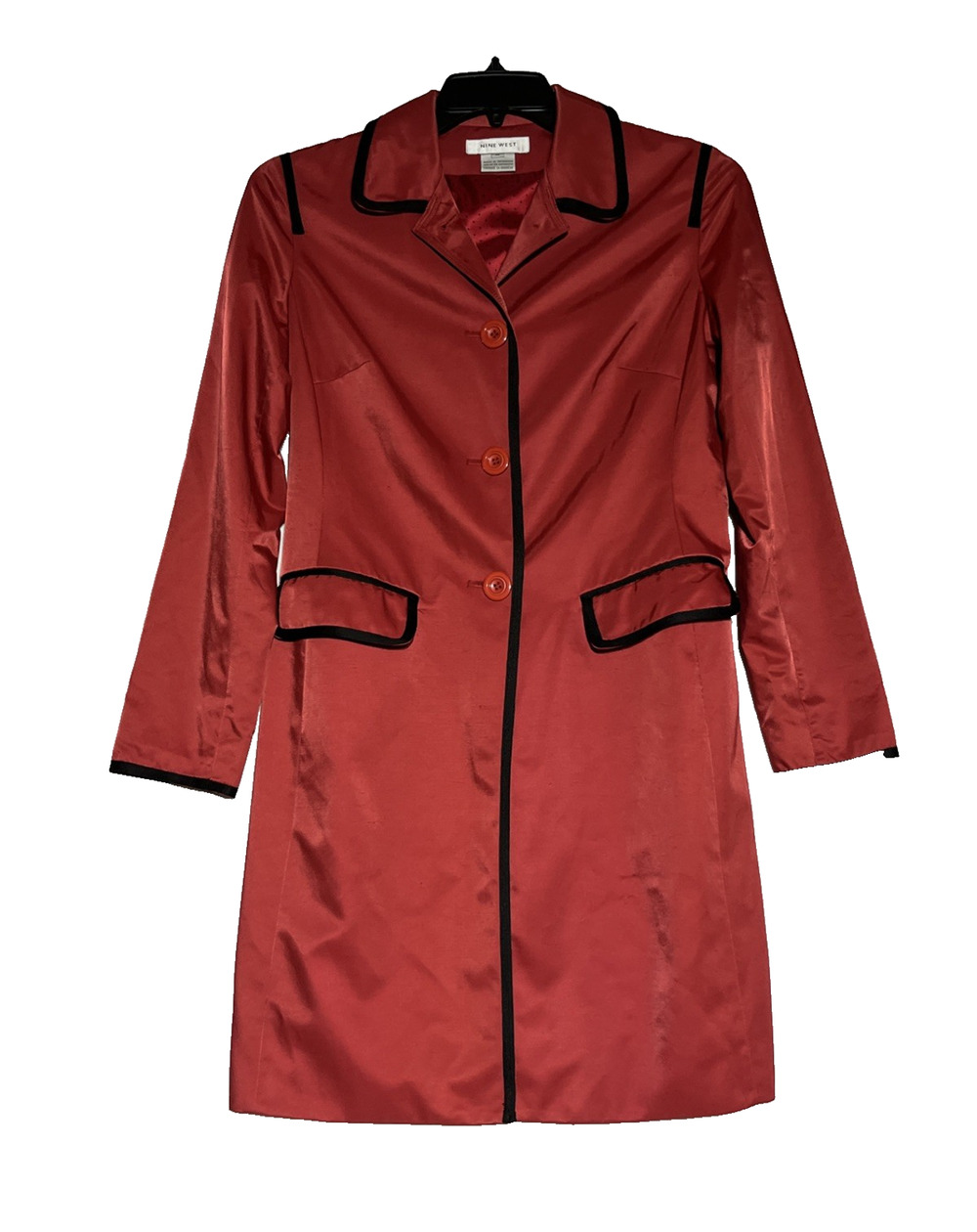 Nine West Trench Coat Jacket Womens Small Red Mid Length Button Up Piping
